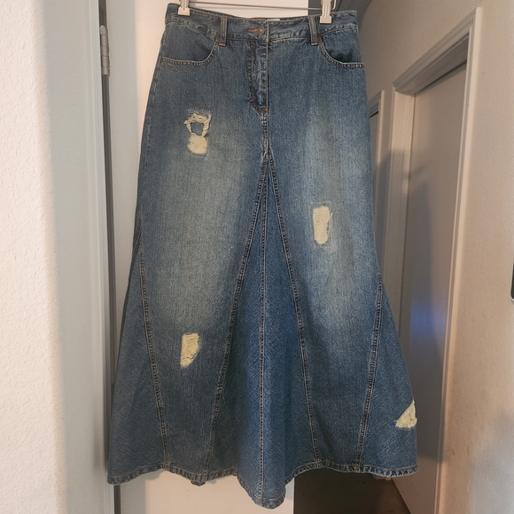 Jeanology Sz 10 Denim Blue Skirt Maxi Skirt Boho Embellished Mermaid Distressed - Picture 1 of 10